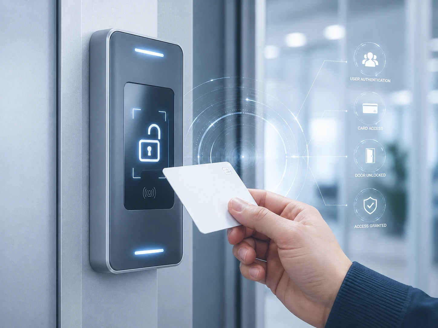 Electronic access control reader installed beside a secure door