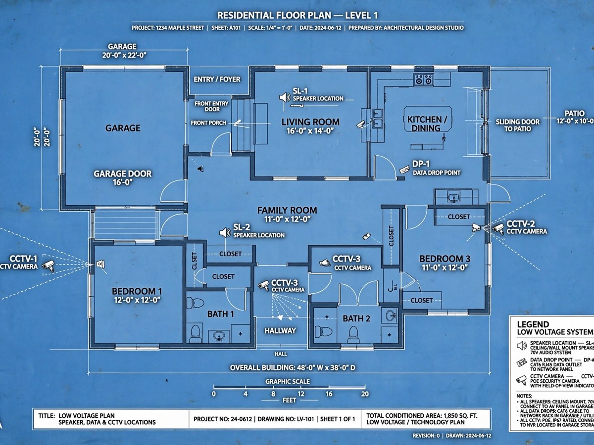 Low-voltage blueprint showing speaker, data drop and CCTV camera placements