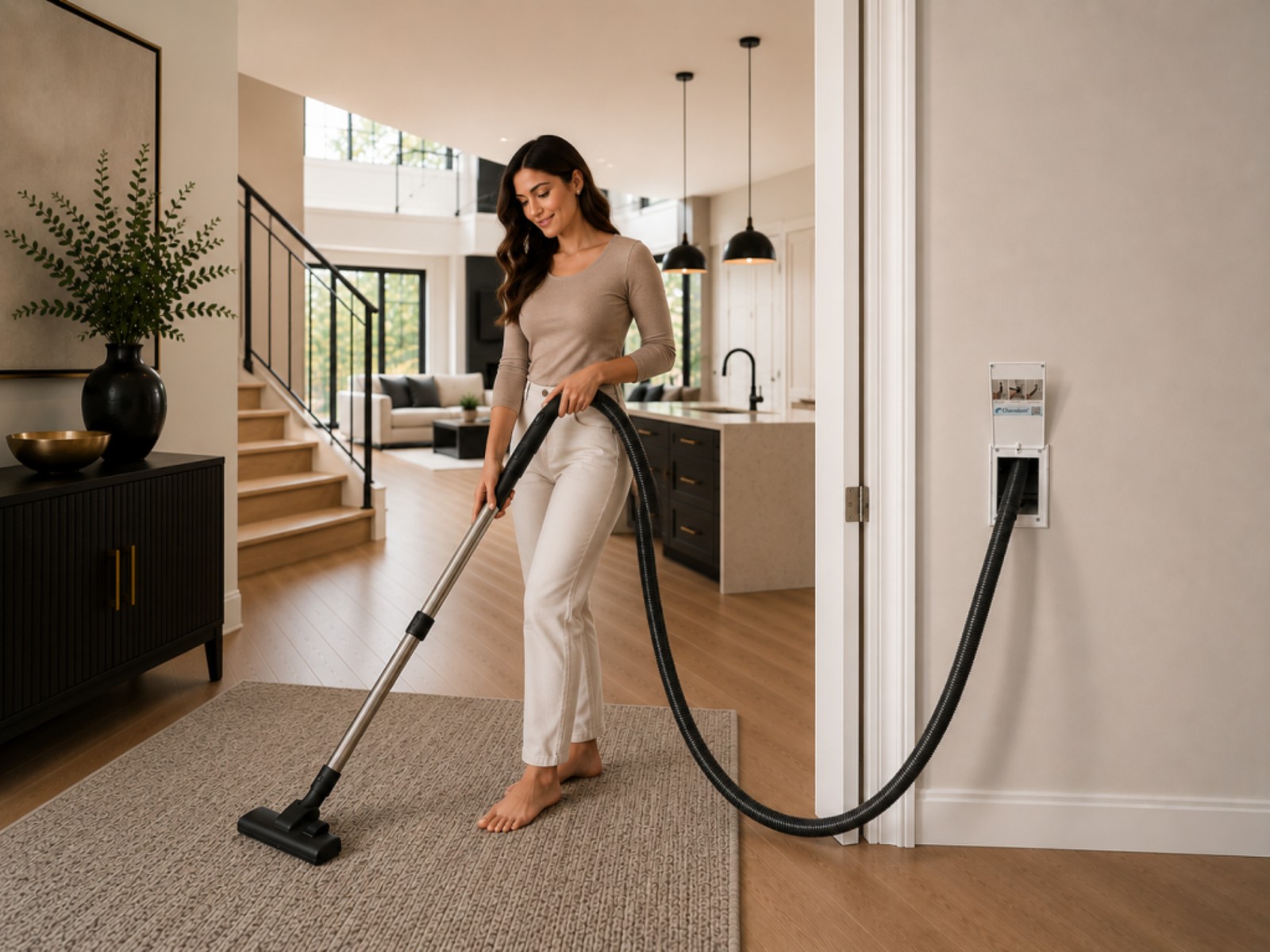 Central vacuum hose connected to a wall inlet in a modern home