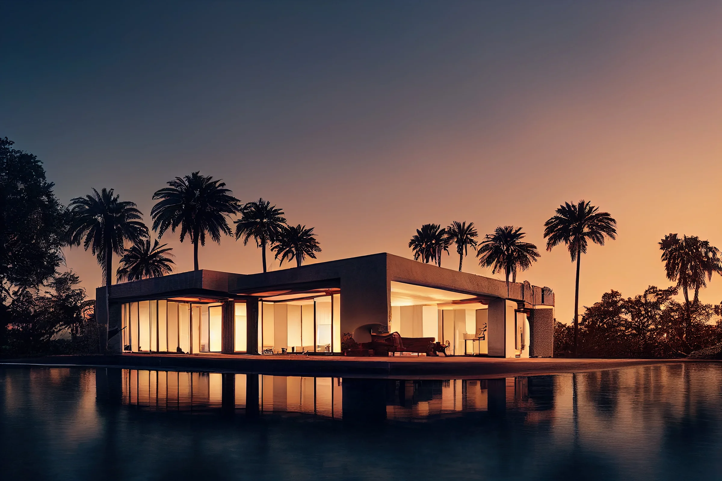 Contemporary home illuminated at dusk
