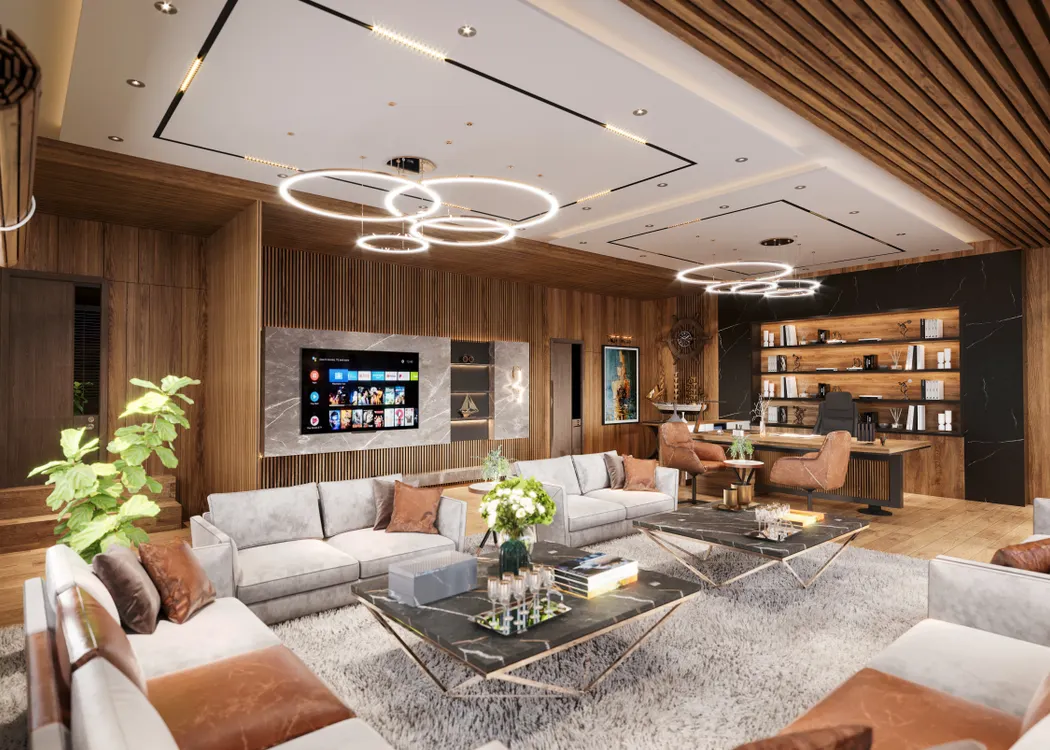 Modern smart home interior with integrated lighting and entertainment
